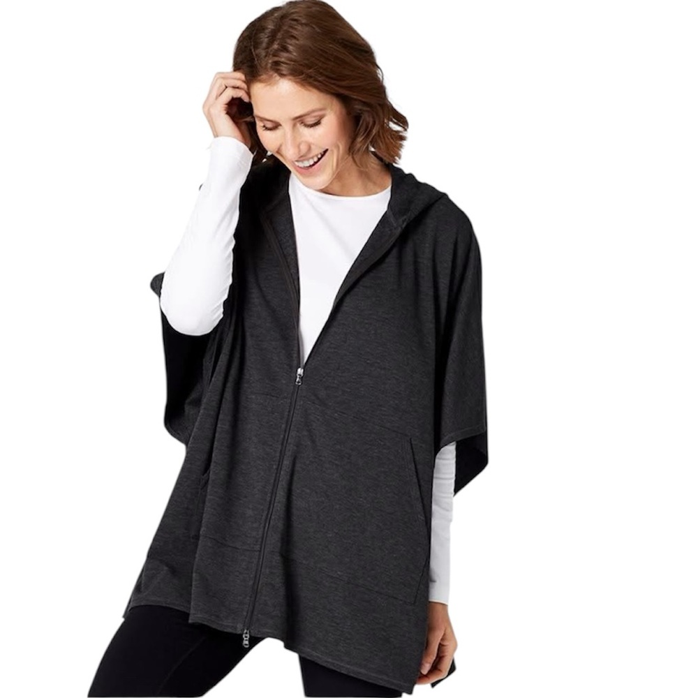 J. Jill Fit At Ease Zip-Front Poncho with Hood Front Pocket Oversized Fleece